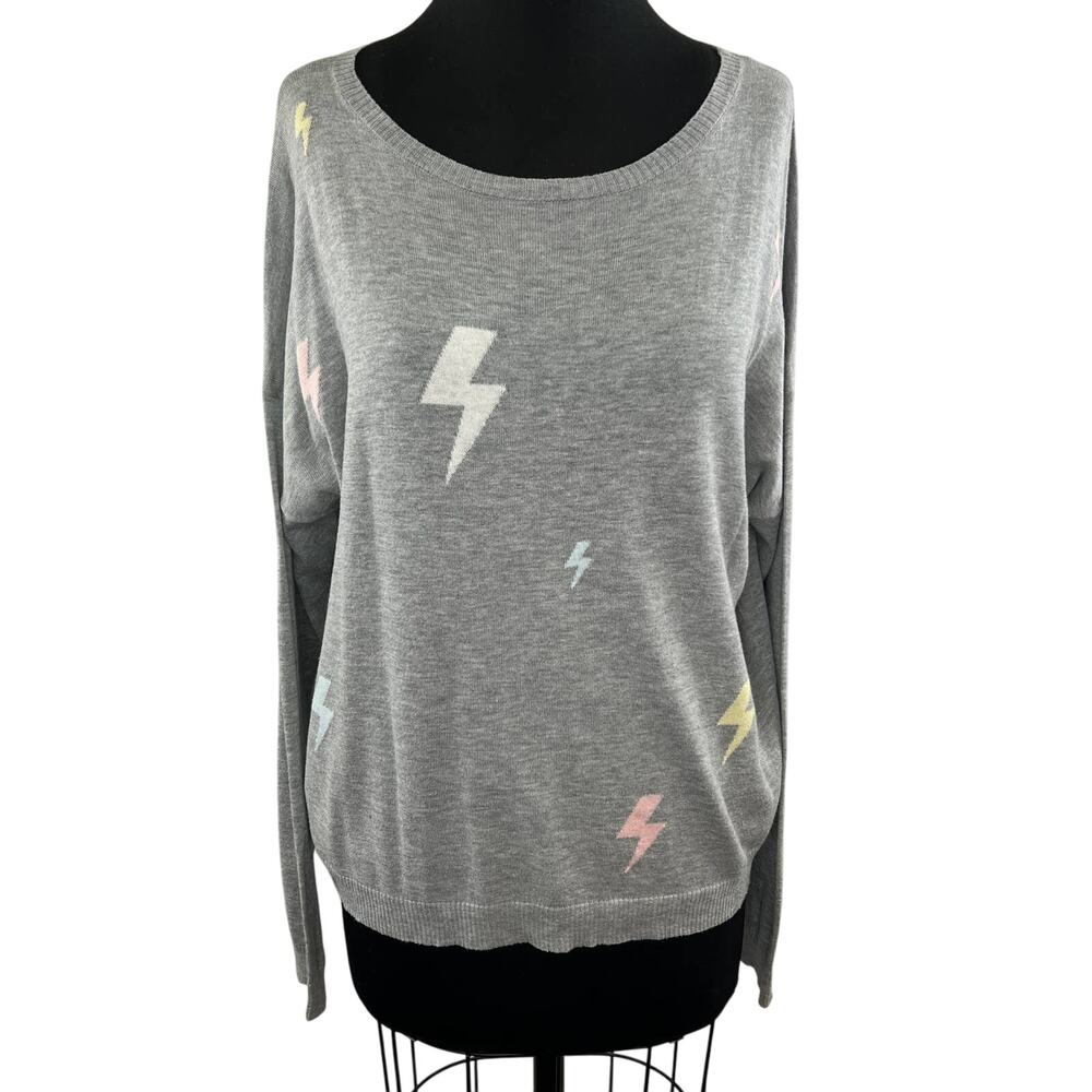 LE LIS Gray Heather Lightning Bolt Print Drop Shoulder Scoop Sweater Pullover L